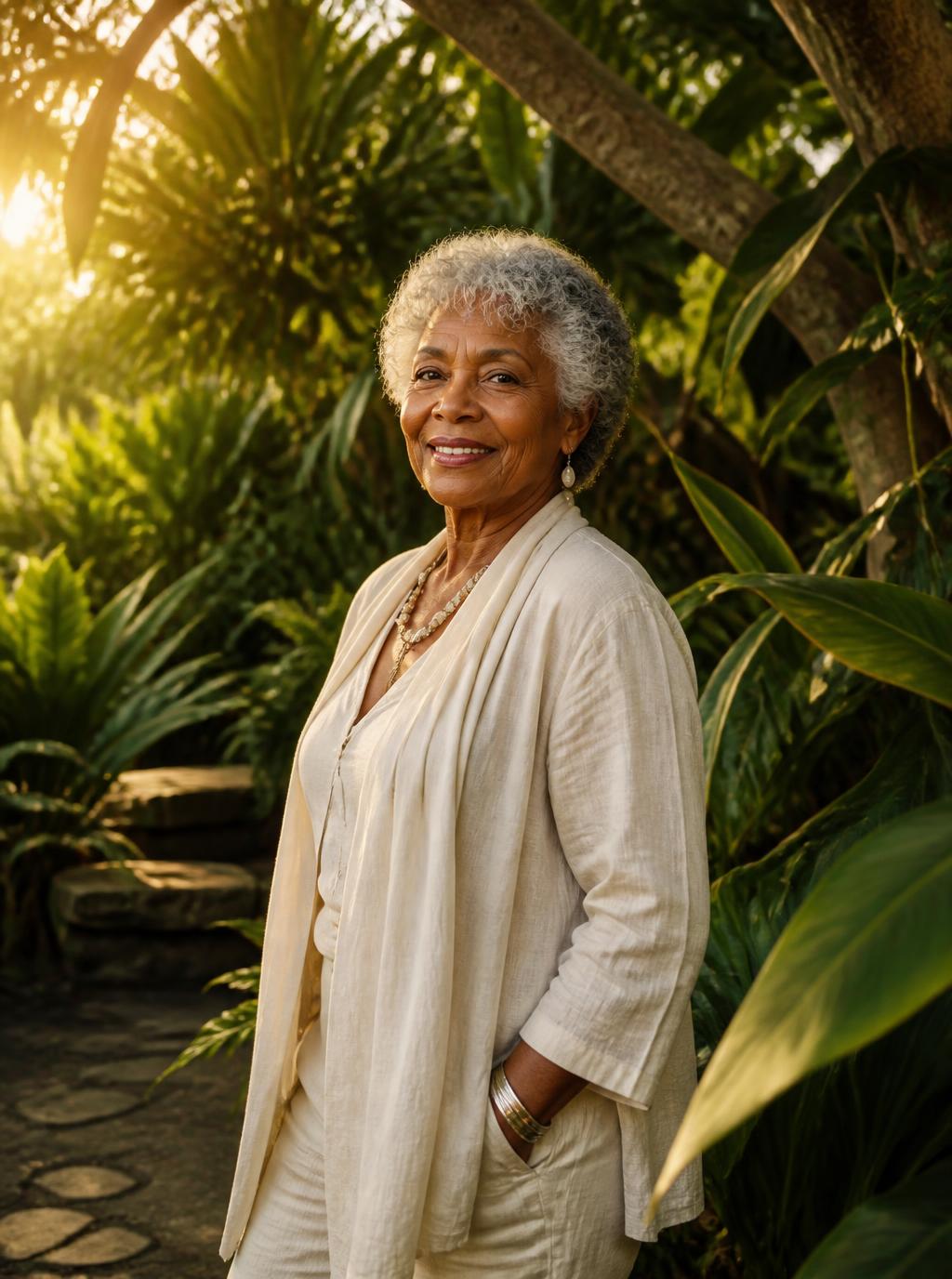 Deborah standing in a sunlit garden