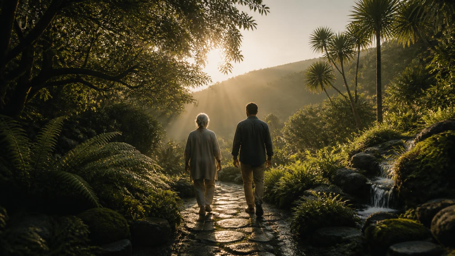 Two people walking toward sunlight through a lush garden
